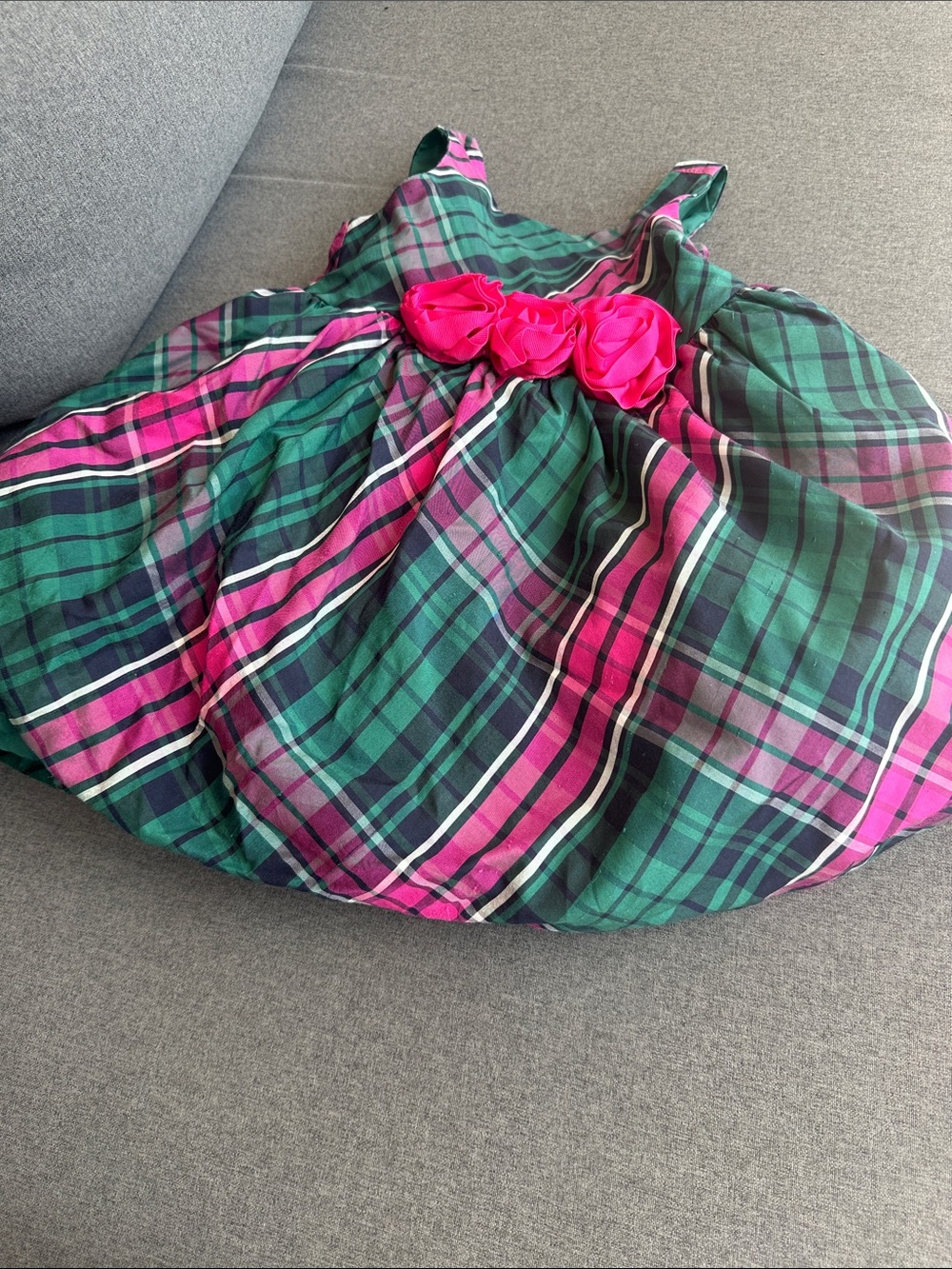 Janie and Jack Green and Pink Plaid Rosette Holiday Dress